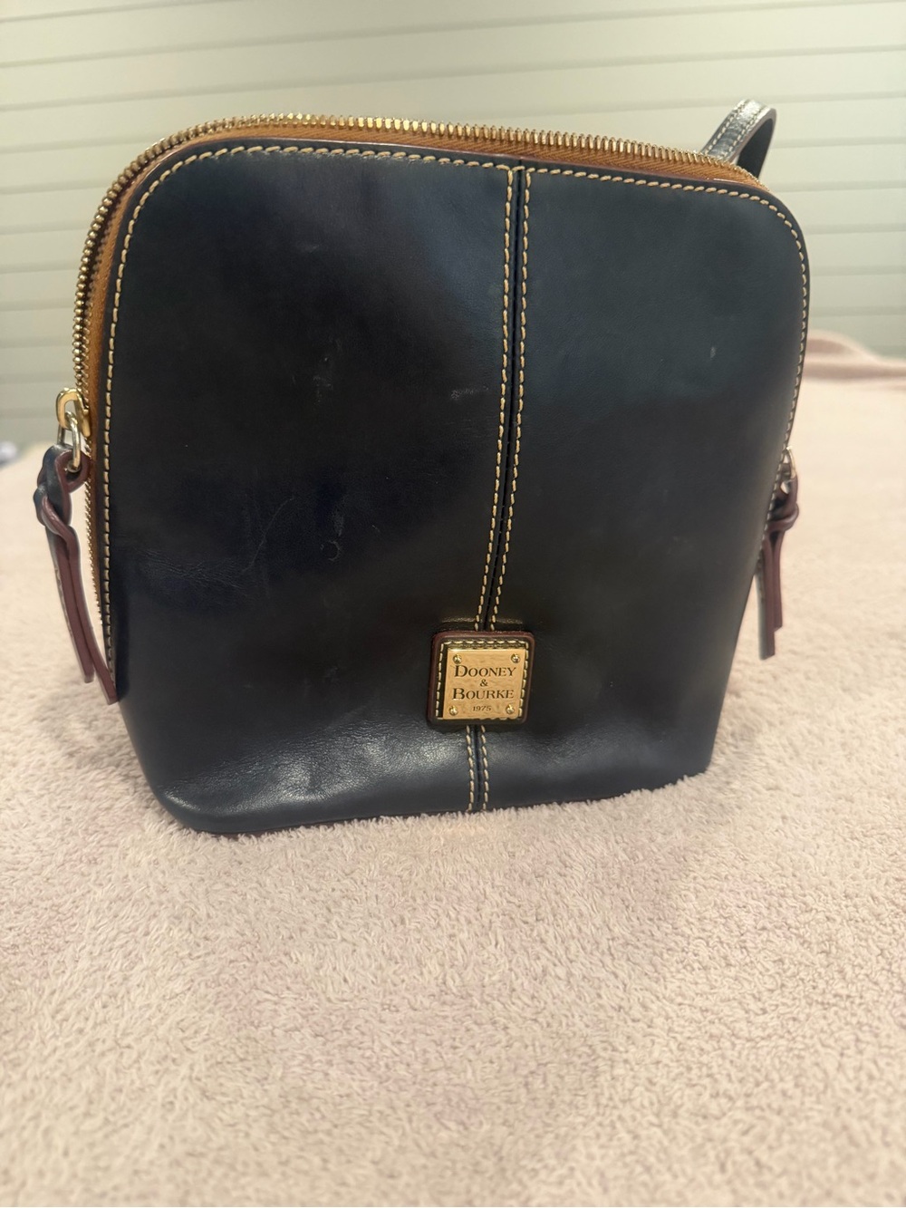 Dooney & Bourke Black Leather Messenger Crossbody with Tan Trim